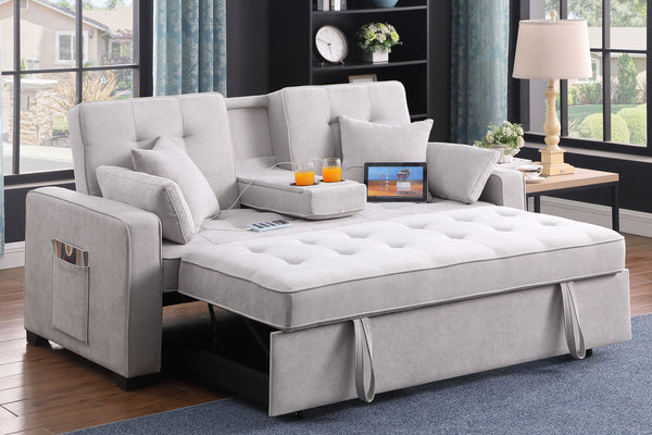 English Elm Corrado Woven Fabric Sleeper Loveseat with Console Cup Holders and Charging Ports Light Gray B2749S00243