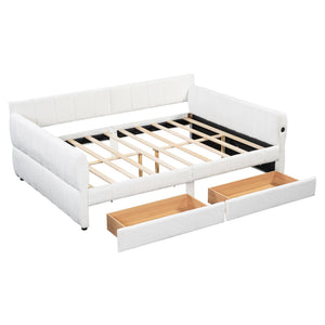 English Elm Queen Lambswool Platform Bed with Usb Charging Armrests and Under Storage Drawers White N7500000601K