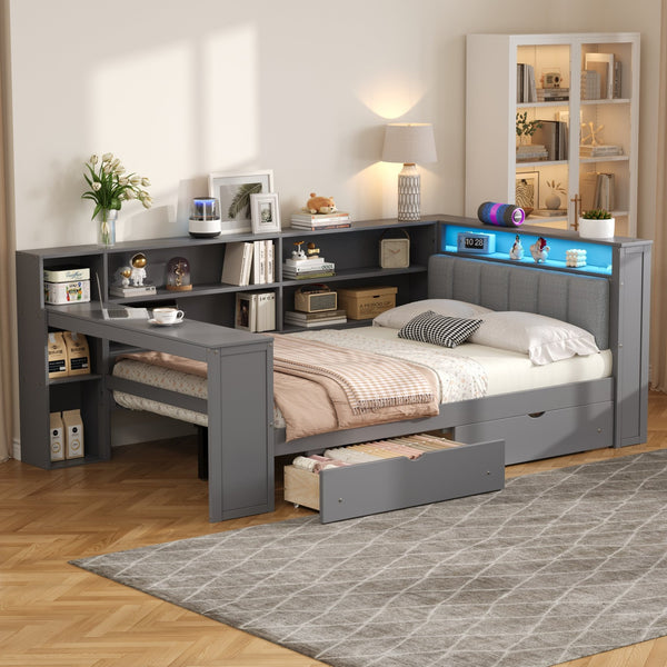 English Elm Wood Full Platform Bed with Led Headboard Built-in Desk Charging Station and Storage Shelves Grey N7090001047E-1