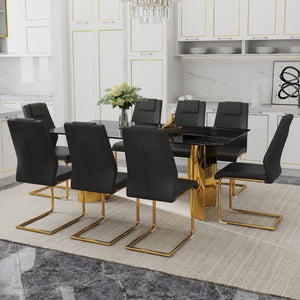 English Elm Table Set With Glass Top & Gold Stainless Steel Legs, 8 Black Pu Chairs For Modern Dining Elegance W1151S04329-GIGA