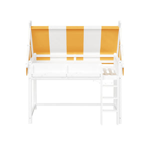 English Elm Twin Solid Wood Loft Bed with Led Lights Canopy Bookshelf for Kids Bedroom White N7090002241K