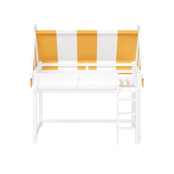 English Elm Twin Solid Wood Loft Bed with Led Lights Canopy Bookshelf for Kids Bedroom White N7090002241K