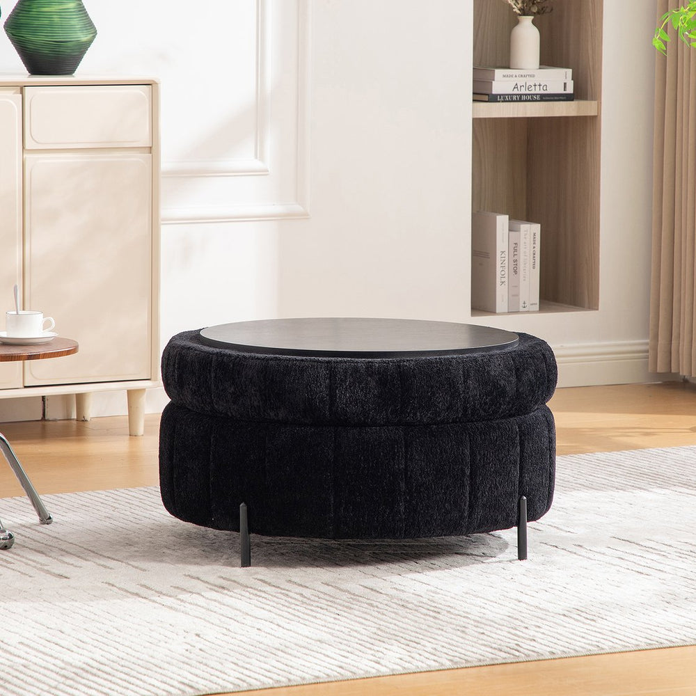 English Elm 31.3"w Chenille Channel Tufted Round Storage Ottoman Sculptural Pumpkin Seat for Any Room Black W3118P439479
