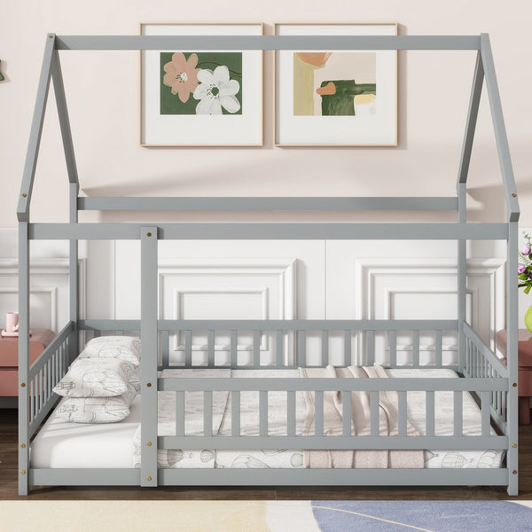 English Elm Full Size House Bed Frame With Roof, Safety Guardrails, Grey Finish - Perfect For Kids' Room Fun! W504P286407