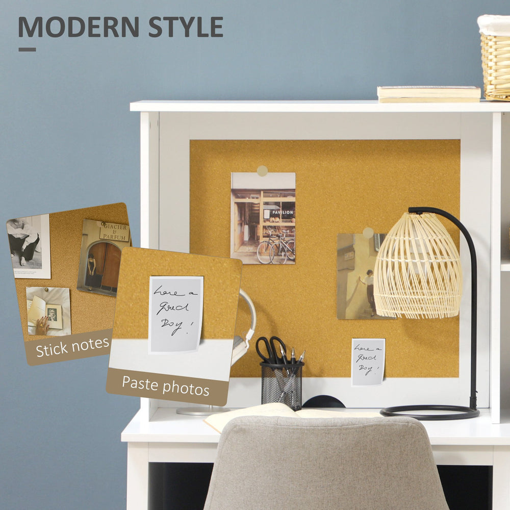 English Elm HOMCOM Modern White Computer Desk with Deep Drawers, Shelves & Corkboard Backwall for Office Organizing W2225P229688