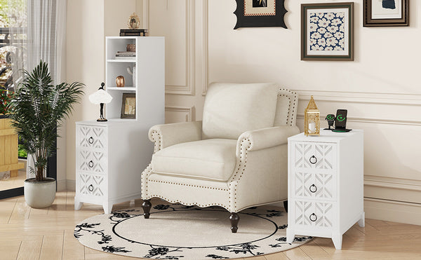 English Elm End Table With 3 Drawers And 2 Open Shelves - Stylish Corner Side Table With Charging Ports In White W2593P289147