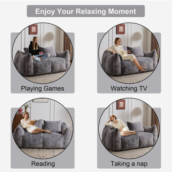 English Elm Giant Ultra Soft Fluffy Loveseat Bean Bag Sofa for Adults, Oversized Shredded Foam Couch with Pillows Grey W3723P353893