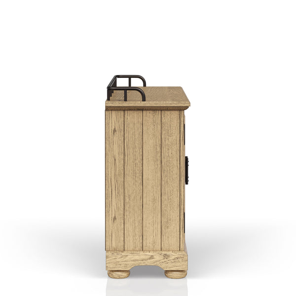 English Elm Server Caramel Finish Elm Veneer Sideboard with Glass Doors, Open Cubbies & Black Metal Pulls - Rustic Durable Storage B2699P355851
