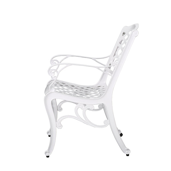 English Elm Phoenix Cast Aluminum Outdoor Dining Arm Chairs Ornate Lattice Scroll Garden Set White 54589.00WHI