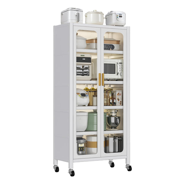English Elm 65" Kitchen Pantry Cabinet with Transparent Double Doors, 6-Tier Adjustable Metal Shelves on Wheels, White Durable Storage Solution W3204P383016