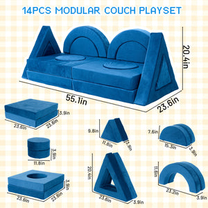 English Elm 14pcs Modular Foam Play Couch Set Convertible Toddler Fort Builder for Playrooms Blue T5880P493440