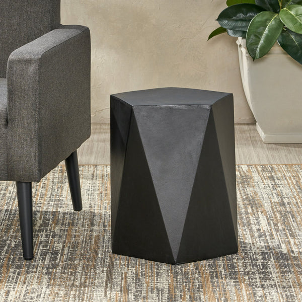 English Elm Christopher Knight Home® - APOLLO geometric concrete side table with gem-cut pentagon base, durable modern outdoor accent piece Black 67525.00BLK