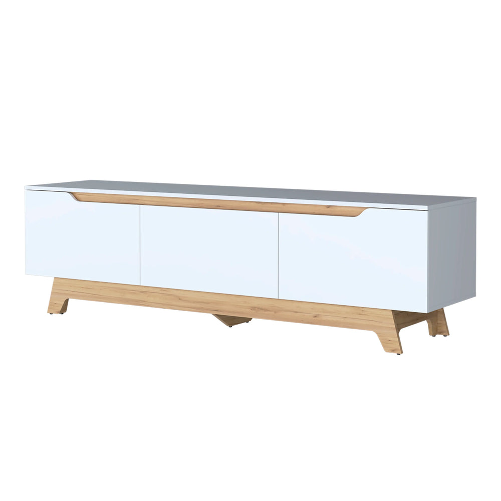 English Elm White White and Natural Oak Entertainment Center with Sleek Two-Shelf Layout, Drawer & Ample Storage Space B062P290268