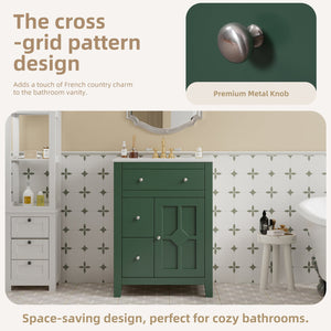 English Elm 24" Modern Bathroom Vanity with Ceramic Basin, French Country Cross-Grid Design & Soft-Close Drawers Green N710P280655F