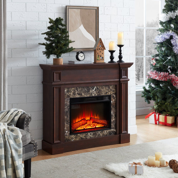 English Elm Electric Fireplace With Remote Control - Realistic 3D Flame & Stacked Stone Mantel, Cherry Finish W1758S00032
