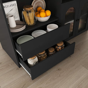 English Elm Kitchen Island Marble Veneer Retro Style Rotating Expandable Top Built-in Outlets Mdf Black W2700S00119