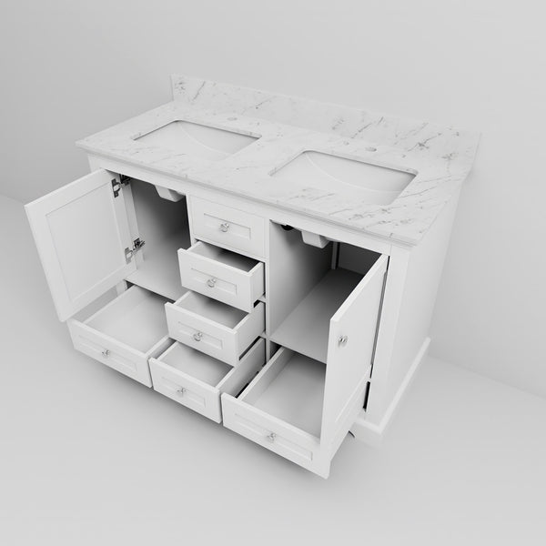 English Elm White Double Bath Vanity 48 in W x 22 in D with Carrara Marble Top, Solid Wood, Soft-Close Drawers, Ample Storage B2731P258173