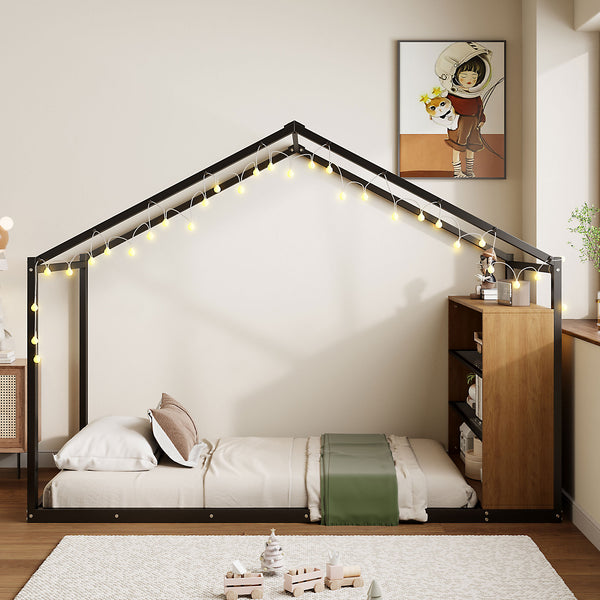 English Elm Twin House Bed Frame with Shelves & Built-In Lights, Metal-Wood Design for Creative Kids' Rooms Black N737P176708B