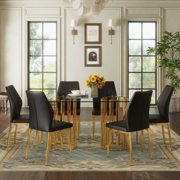 English Elm Table and Chair Set Oval Tempered Glass Top with Gold Base Glam Dining Room 7 Piece Black+Gold,Transparent W1151S04726