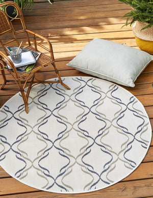 Unique Loom Outdoor Trellis Parmaklik Machine Made Lattice Rug Ivory, Navy Blue/Gray 7' 1" x 7' 1"