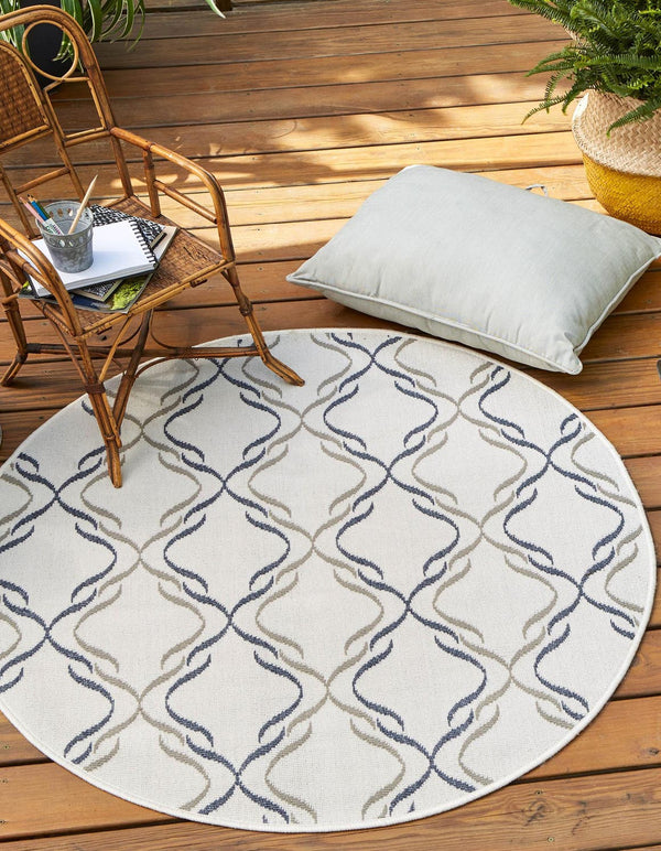 Unique Loom Outdoor Trellis Parmaklik Machine Made Lattice Rug Ivory, Navy Blue/Gray 7' 1" x 7' 1"