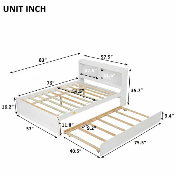 English Elm Full Bed with Pull Out Trundle and Bookcase Headboard for Kids or Guest Rooms White W504P396552