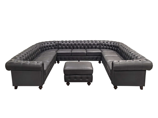 English Elm Chesterfield Button Tufted U-shape Sectional Leather Match Seating for Spacious Rooms Blue Gray B2748S00150