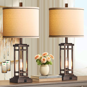 English Elm 27.5 Inch Farmhouse Bronze Table Lamp Set with Usb Charging Ports for Bedroom Decor W3355P440789