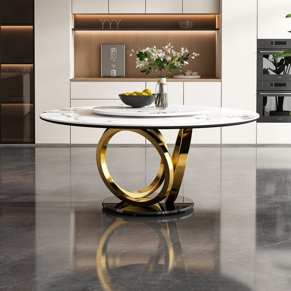 English Elm 59" Round Dining Table With 360° Lazy Susan - Stylish Sintered Stone Top, Heat/Scratch Resistant Finish W2699S00026