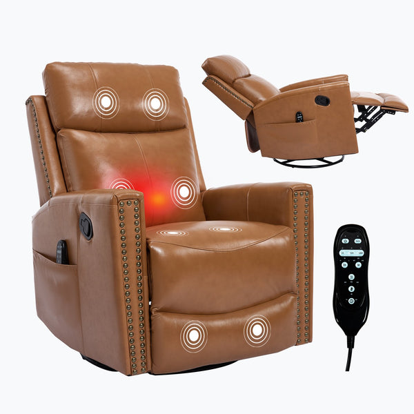 English Elm Orange Genuine Leather Massage Rocking Swivel Recliner with Lumbar Heat for Living Room W1803P323715
