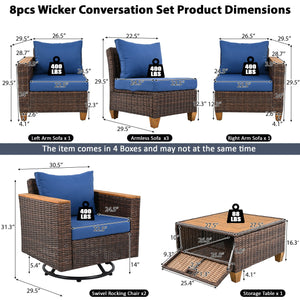 English Elm K&K 8-Piece Wicker Patio Set with 360° Swivel Rockers, Acacia Storage Table, Durable Cushions Blue+Brown N707S000016E
