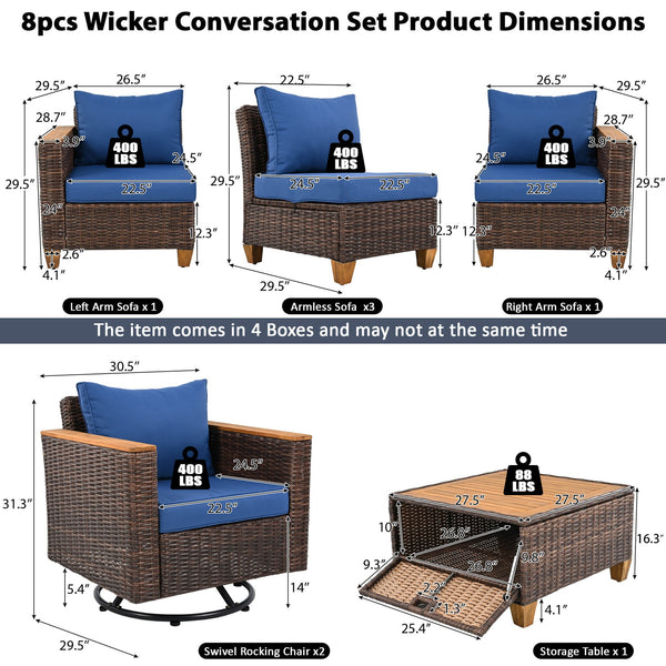 English Elm K&K 8-Piece Wicker Patio Set with 360° Swivel Rockers, Acacia Storage Table, Durable Cushions Blue+Brown N707S000016E
