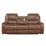 English Elm Achern Brown Leather-Air Nailhead Manual Reclining Sofa With Storage Console and Usb Port