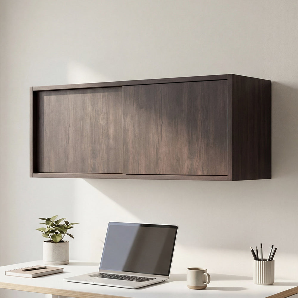 English Elm Note Floating Wall Cabinet with Sliding Doors Slim Mounted Storage for Any Room Dark Walnut B070P462898