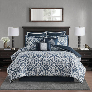 JLA Home Madison Park - 8 Jacquard Comforter Set with Damask Medallion, Satin Highlights, Euro Shams, Pillows & Bedskirt — Hotel-Inspired Elegance and Year-Round Warmth MP10-6838