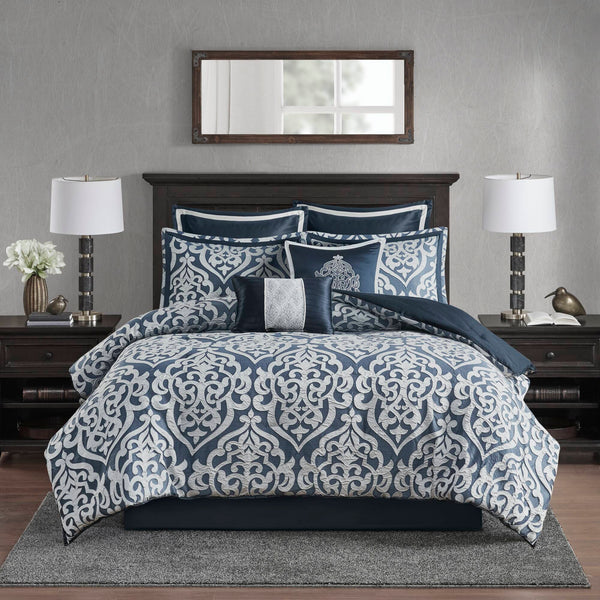JLA Home Madison Park - 8 Jacquard Comforter Set with Damask Medallion Design, Reversible Satin-Ground Ensemble, Euro Shams & Pillows Navy/Silver MP10-6836