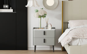 English Elm Nightstand with Marble-Pattern Top and Raised Guard, 2 Drawers for Organized Stylish Bedroom Decor Gray 23.4 L x 18.5 W x 9.06 H N733P332142E