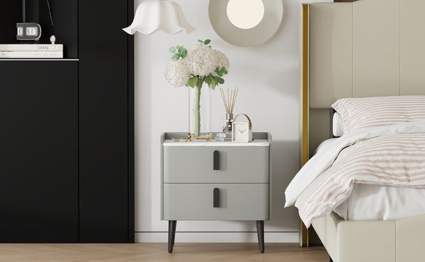 English Elm Nightstand with Marble-Pattern Top and Raised Guard, 2 Drawers for Organized Stylish Bedroom Decor Gray 23.4 L x 18.5 W x 9.06 H N733P332142E