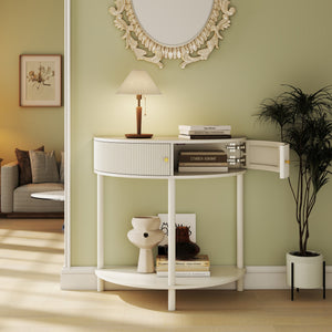 English Elm Artisan-crafted Demi-lune Console Sculptural Wave Drawers Vanilla Lacquer Hallway Accent Cream White W2557P329370