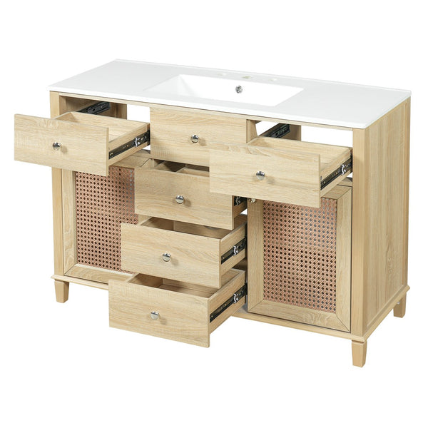 English Elm 48-inch Rattan Bathroom Vanity Solid Wood Frame Five Drawers Ceramic Sink Coastal Boho N765P38884950E