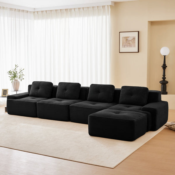 English Elm 153" Modern L-Shaped Modular Sectional Sofa - Plush Corduroy, Deep Seats, Movable Ottoman, No Assembly! W714S01481