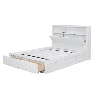 English Elm Wood Queen Size Hydraulic Platform Bed with LED Headboard, Charging Station, Hidden Storage Drawers and Shelves White GX000372AAK