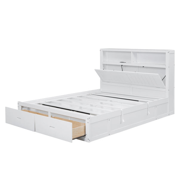 English Elm Wood Queen Size Hydraulic Platform Bed with LED Headboard, Charging Station, Hidden Storage Drawers and Shelves White GX000372AAK
