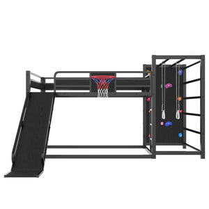 English Elm Twin Metal Loft Bed with Slide Basketball Hoop Climbing Wall and Built-in Shelves W1580S00343