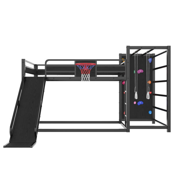 English Elm Twin Metal Loft Bed with Slide Basketball Hoop Climbing Wall and Built-in Shelves W1580S00343