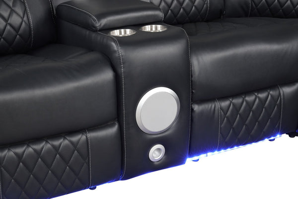 English Elm Lacrosse Power Reclining Sectional with Bluetooth Speakers, USB Ports, LED Lighting and Console Storage Black B009S01923