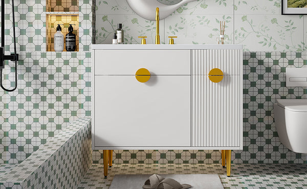 English Elm 36" Modern Bathroom Vanity with Resin Basin Sink, Soft-Closing Doors, Drop-Down Cabinet & Storage Elegance N710P265934K