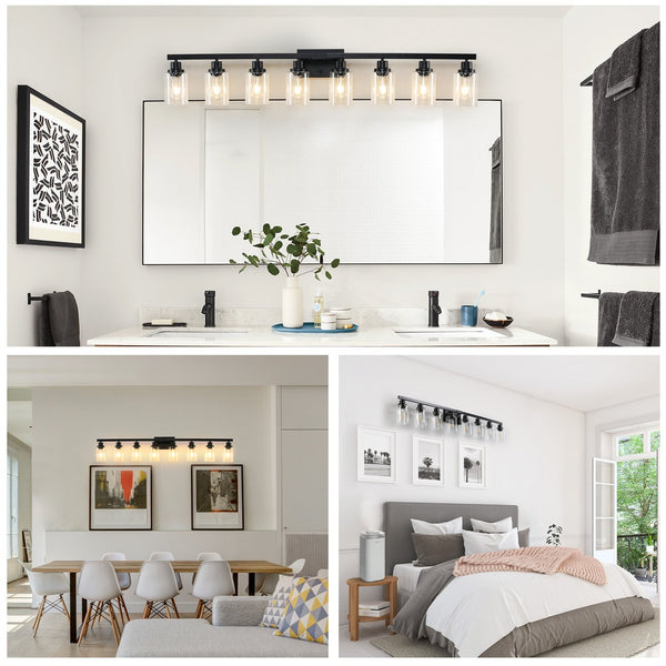 English Elm 51" Black 8-Light Vanity Light with Clear Glass Shades, Modern Iron Bathroom Wall Fixture for Mirror and Dressing Room W2312P374793