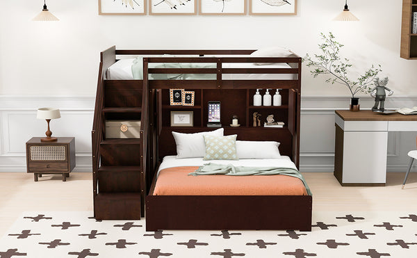 English Elm Twin Over Full Bunk Bed with Wardrobe Storage Stairs Shelves and Usb Charging Espresso LT000292AAP