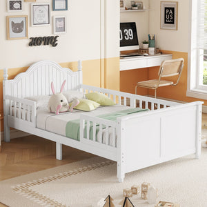 English Elm Twin Solid Wood Platform Bed with Guardrail for Kids, Low-Profile Sturdy Pine Frame, Safe Sleep Solution White 45.75 L x 26 W x 6.5 H W2593P339596